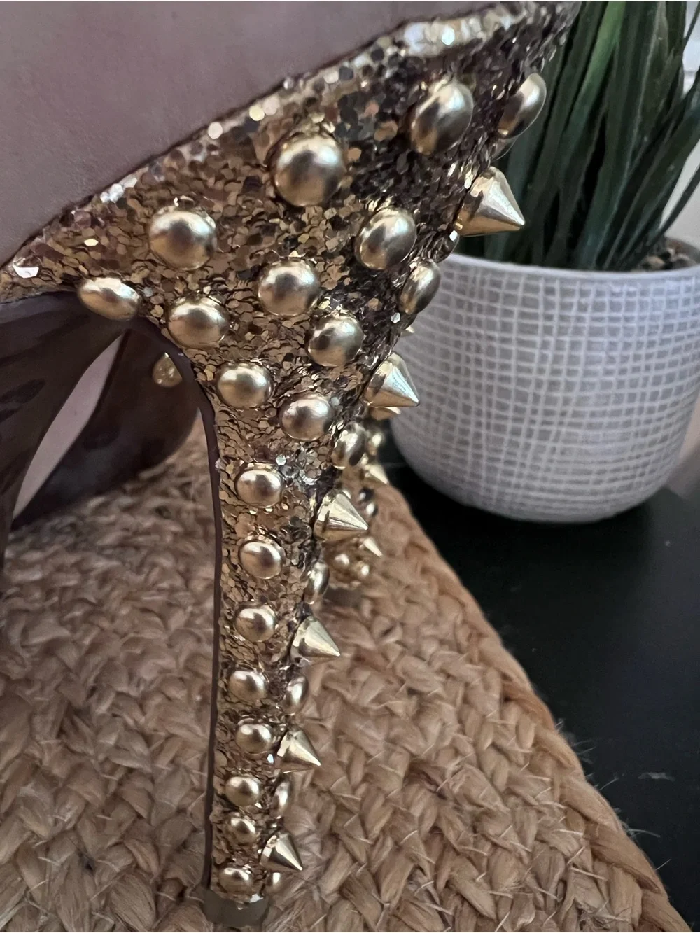 Betsey Johnson Nude Platform Pumps Gold Studded Spike Heels Size 8.5